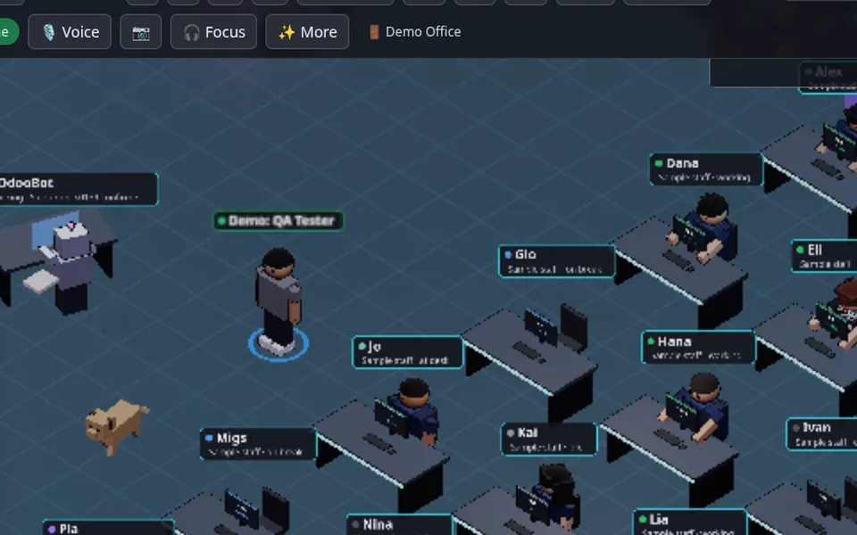 Desks on the demo office floor with bots and staff