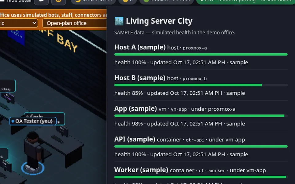 Living Server City world panel with sample host health