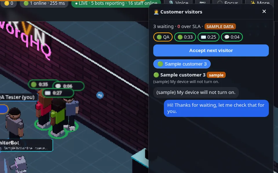 A sample customer visitor chat in the lobby panel